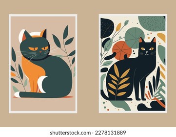 Set of two vertical banners with cats and leaves. Vector illustration. wall art print poster