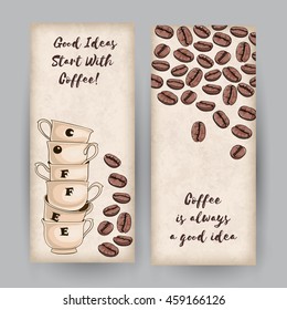 Set of two vertical banners with coffee cups and beans. Place for your text. Thematic Quotes. Coffee Shop Template. 