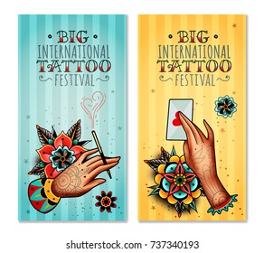 set of two vertical banners on the subject tattoo festival with tattooed hands holding love letter and mouthpiece with a cigarette