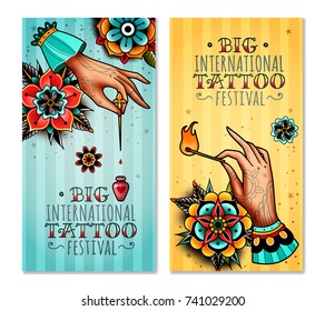 set of two vertical banners on the subject tattoo festival with tattooed hands holding burning match and needle with a drop of poison