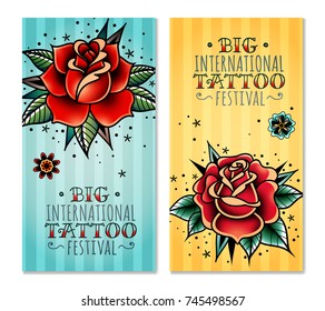 set of two vertical banners on the subject tattoo festival with traditional roses