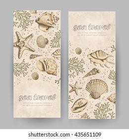 Set of two vertical banners with seashells, corals and starfishes. Travel Template. Vintage vector banners with place for your text. Marine background.