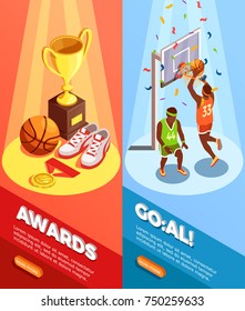 Set of two vertical basketball isometric banners with triumph images editable text and read more button vector illustration