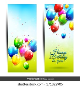 Set of two vertical birthday banners with flying balloons