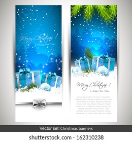 Set of two vertical Christmas banners with gift boxes in snow 