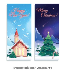 Set of two vertical christmas houses banners with winter landscapes new year decorations and ornate text vector illustration