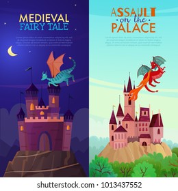 Set of two vertical fairy dragons banners with cartoon style images of mysterious castle with text vector illustration