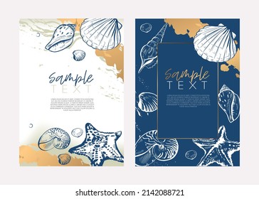 Set of two vertical hand-drawing nautical backgrounds with seashells and starfish. Nautical theme poster template. Sea background with gold elements, vector template for menu