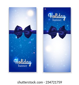Set of two vertical holiday banners with photorealistic blue bows. Vector illustration.