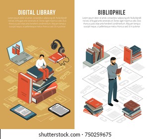 Set of two vertical isometric book reading banners with bibliophile human characters books and gadgets flowchart vector illustration