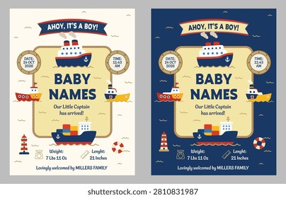 Set of two vertical maritime birth announcement templates for baby boys. Includes nautical graphics like ships and lighthouses with customizable sections for birth statistics and names.