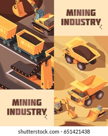 Set of two vertical mining banners with isometric images of trucks lorries and other industrial machinery vector illustration