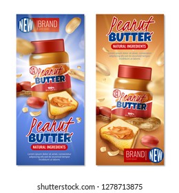 Set of two vertical realistic peanut banners with jars of butter with toast bread and text vector illustration