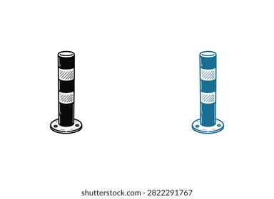 A set of two vertical safety bollards with reflective stripes designed for traffic management and pedestrian protection in industrial or urban environments