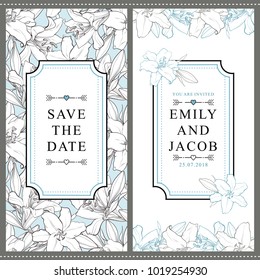 Set of two vertical wedding invitation designs with beautiful hand-drawn white lily flowers, vector illustration. Save the date, wedding invitation templates with white lily flowers and place for text