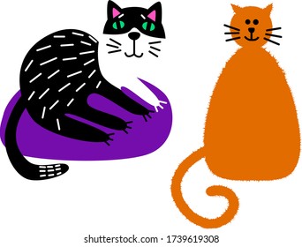 The set of two very cute and positive cats. Vector illustration in flat style for presentation, children centre, kindergarten, web page, app.