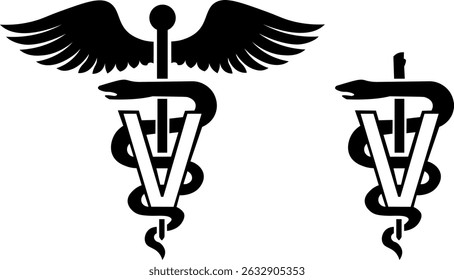Set of two veterinary caduceus symbol icons. Snake and stick with wings. Veterinary medicine logo. Pet care. Isolated on white background. Vector illustration.