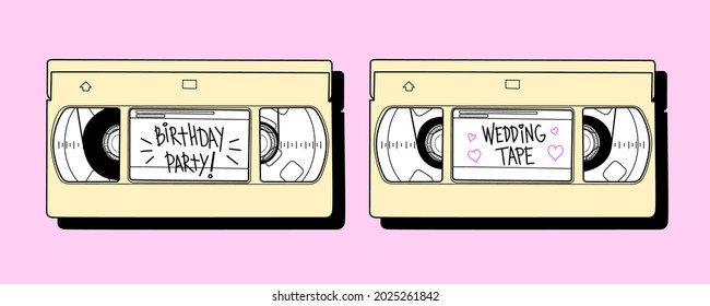 Set of two VHS cassettes with notes. Vector illustration