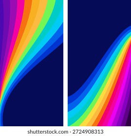 Conjunto de dois planos de fundo de gradiente de fluxo abstrato vibrante com curvas coloridas em negrito. Design vertical dinâmico perfeito para mídia social enérgica, projetos criativos e uso digital moderno.