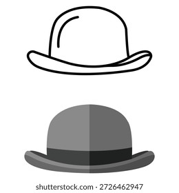 A set of two vintage bowler hat illustrations featuring a simple black outline and a grey flat design with shading. This classic headwear graphic is perfect for gentleman, fashion, and formal attire themes.