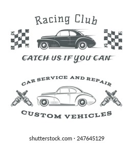 Set Of Two Vintage, Classic Car Labels, Racing Club And Garage. Vector Illustration