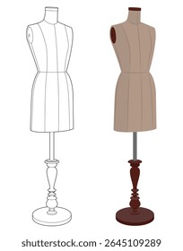Set of two vintage female dress forms:  elegant line art style, and realistic vector design. Tailor mannequins for sewing and fashion, isolated on white background.
