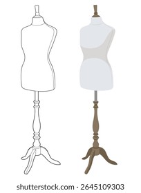 Conjunto de duas formas de vestido feminino vintage: estilo de arte de linha elegante e design vetorial realista. Manequins sob medida para costura e moda, isolados sobre fundo branco.