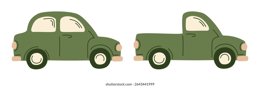 Set of two vintage green farmers vehicles, compact car, pickup truck. Hand-drawn retro automobile vector illustration in cute flat style. Perfect for travel, countryside, and nostalgic designs.
