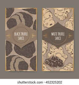 Set of two vintage labels for white and black truffle sauce based on hand drawn color sketch. Great for restaurant, cafe, markets, grocery stores, organic shops, food label design.