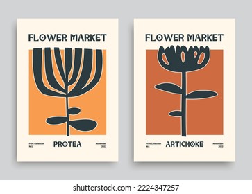 Set of two vintage retro Flower market floral printable interior wall posters in red orange yellow  pastel tones and earth colors with artichoke and protea black hand drawn doodle abstract flowers