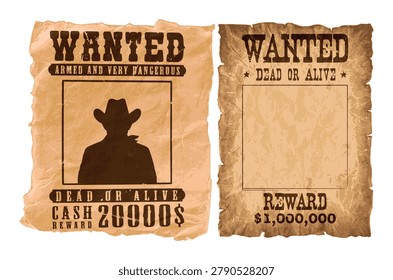 set of two vintage style wanted reward posters on textured old paper background for design
