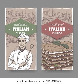 Set of two vintage traditional Italian cuisine labels with cook, Ilalian pation and lasagna. Great for pizzeria, bakery and restaurant, cafe ads, brochures, labels.