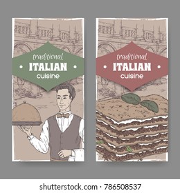 Set of two vintage traditional Italian cuisine labels with waiter, Ilalian pation and lasagna. Great for pizzeria, bakery and restaurant, cafe ads, brochures, labels.