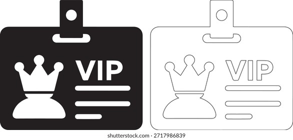 A set of two VIP badges, one in solid black with a white crown and text and the other in a dotted line style on a white background.