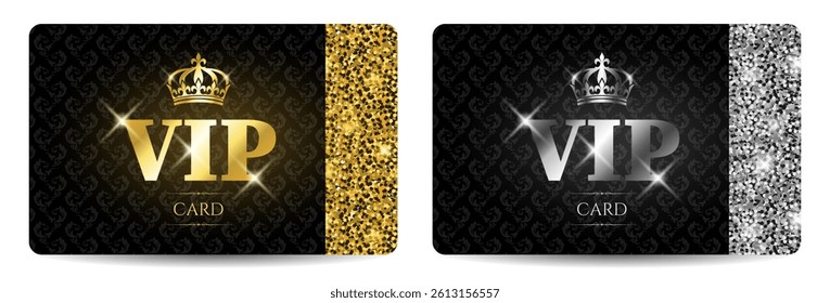 Set of two vip cards with glitter effect. Gold and platinum vip cards. For business and organizations, premium customer service. Vector images.