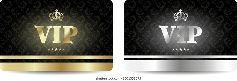 Set of two vip cards with vintage background and crown. Gold and platinum vip cards. Vector image.