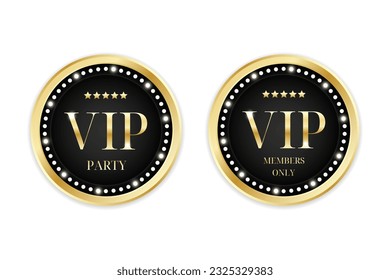 A set of two VIP gold member's only and party badges. Decorated with lights. Stars and sparkles. Not overloaded with details, exquisite beautiful club membership badge.