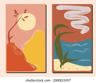 A set of two wall drawings with summer landscapes. vector illustration for wall decor, cover design, postcard, banner