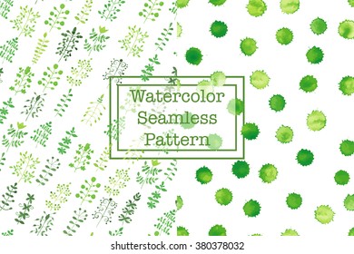 Set of two watercolor seamless patterns, green color. Herbs in diagonal ornament and blots polka dot. For any your design project or print