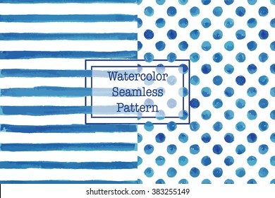 Set of two watercolor seamless patterns, blue color. Stripes and polka dot. For any your design project eco, natural, organic them. Or for print on any item. 