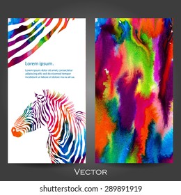 Set of two watercolor zebra business cards on a background. Vector EPS