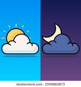 Set of two weather icons, a bright sun behind a white cloud and a crescent moon with a dark cloud. Colorful cartoon vector, ideal for weather apps, forecasts, UI design, and digital projects.
