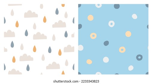 Set of two weather seamless endless patterns with white, blue background, snowflakes, clouds, drops. Nursery cute childish comic printable decorative ornament for fabric, textile, wrapping, wallpaper
