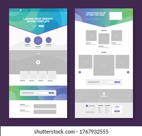 Set of two website landing page templates with simple design gallery articles video map contact form flat isolated vector illustration