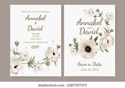 Conjunto de dos tarjetas de matrimonio con flores anémonas, estilo rústico. Cartel de flores, plantilla de invitación, diseño de tarjeta de saludo. Acuarela vectorial.