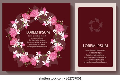 Set with two wedding design elements. Vector illustration with hand painted Fuchsia flowers vintage invitation. It can be used for wrapper, poster, greeting card, banner. 