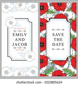 Set of two wedding invitation designs with beautiful hand-drawn red and black and white poppy flowers, vector illustration. Save the date, wedding invitation templates with poppies and place for text