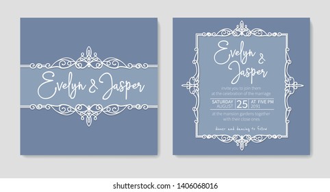 Set for two wedding invitation, greeting card, flyer, banner. With a curly white frame isolated on blue background
