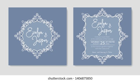 Set for two wedding invitation, greeting card, flyer, banner. With a curly white frame isolated on blue background

