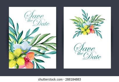 Set of two wedding invitations or cards. Watercolor hand drawing. Vector illustration